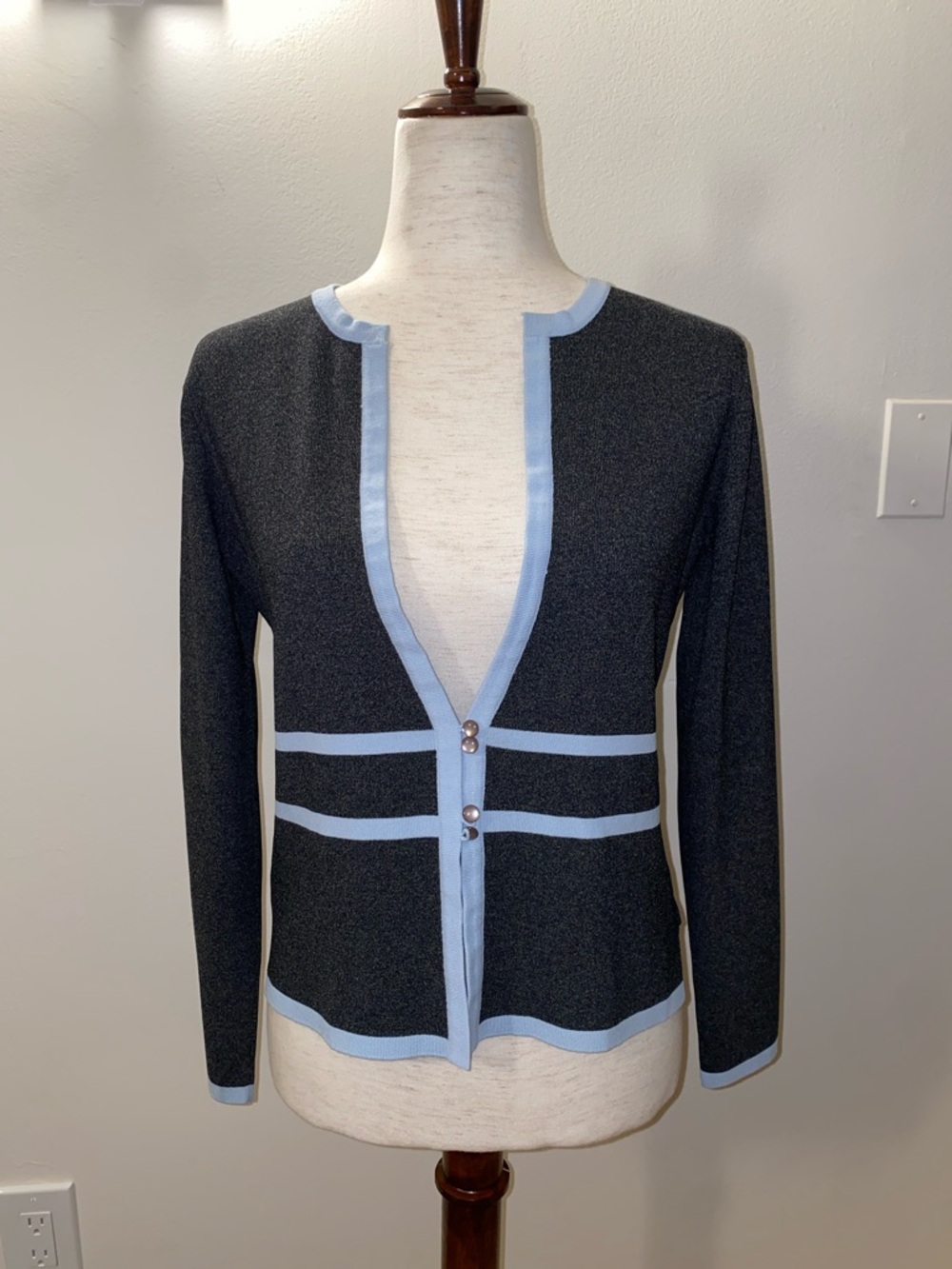 Grace Dane Lewis Classic Black Cardigan with Light Blue Trim size Small